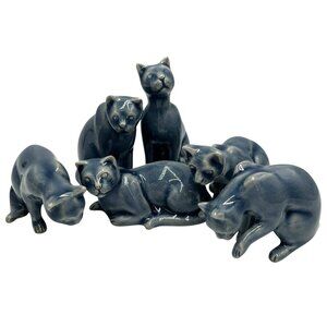 Vintage Thai Celadon Blue Glazed Crackle Ceramic Cat Figurine Lot of 6 Clowder